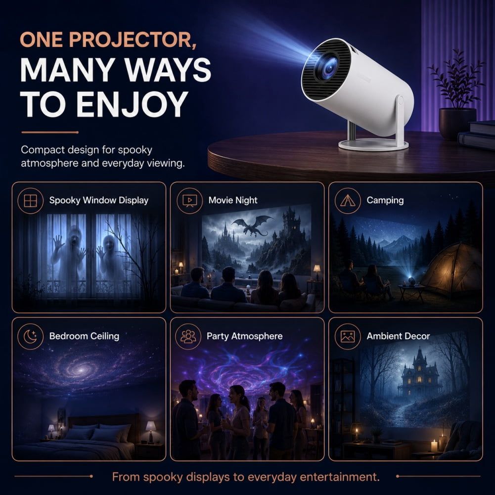 Panefright Halloween Window Projector, Integrated 4K‑Compatible Audio Speaker, 180‑Degree Pivot‑Adjustable Structure,Atmosphere Display, Perfect for Eerie Home Decoration and Holiday‑Focused Parties