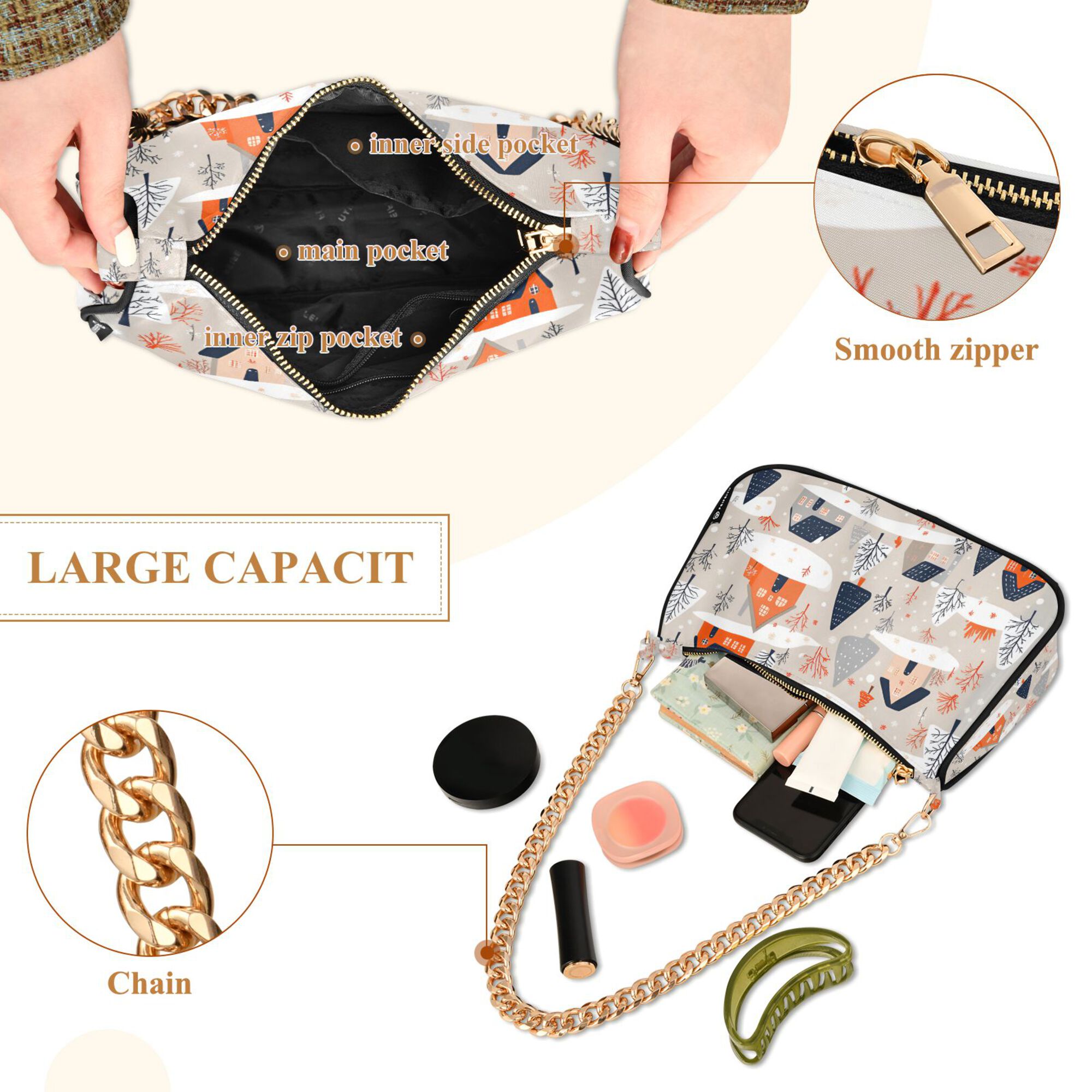FORMRS Womens Shoulder Bag with Chain Strap Clutch Purse Cute Tote Handbag, Cartoon Gray Houses