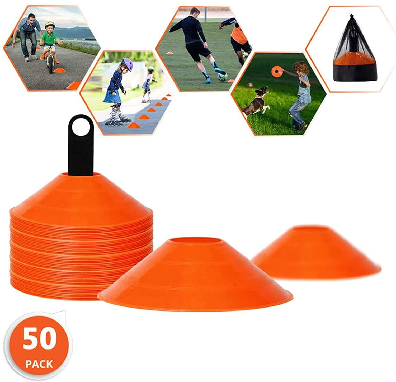 Biggz Pro Disc Cones (50 PCS) Disc Cone Agility Training Sports Cone Plastic with Carry Bag & Holder for Training, Football, Soccer, Kids, Sports, Field Cone Markers (Yellow)