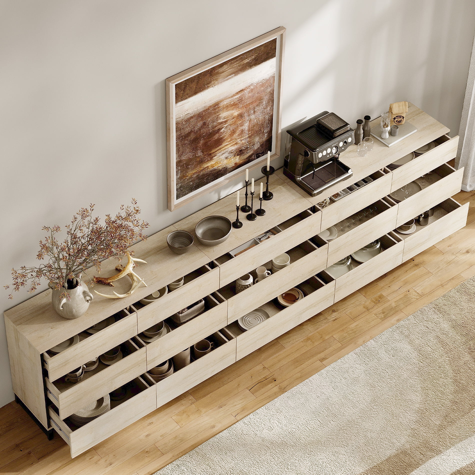 3 In 1 Multifunctional Sideboard Buffet Cabinets With 15 Drawers, Modern Sideboard Credenza With Adjustable Shelf And Metal Base, Coffee Bar Cabinet Storage Cabinet For Living Room, Kitchen