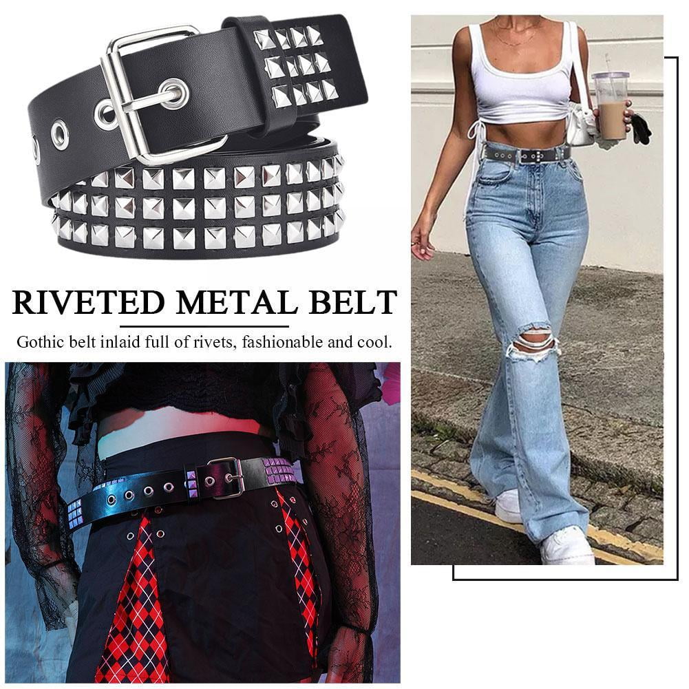 Nvzi Punk Leather Belt,Women Men Goth Pyramid Studded Square Beads