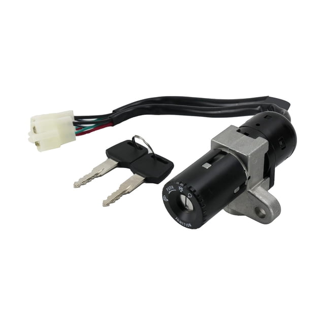 interruptor encendido con llave set vento nitrox 250 t2 (20-23)/ nitrox 200 (20-23) 12v, vista frontal del cilindro negro con indicador de posición, placa metálica de montaje, arnés de cables multicolor y dos llaves con cabezas negras. A menudo usado como refacción de reemplazo para encendido y bloqueo en motocicletas Vento Nitrox.