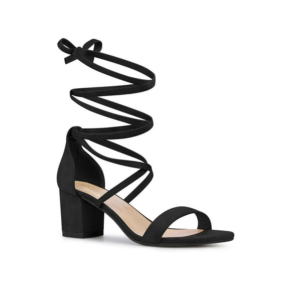 BLISSFUL STEP Lace Up Strappy Block Mid Heels Sandals for Women Black (Size 5)