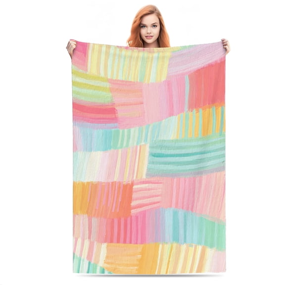 Colorful Brushstroke Stripes Lightweight Flannel Printed Blanket - Ultra Soft & Warm, All-Season Cozy Plush for Couch, Bed, Office, Camping Nap - Perfect Decorative Gift