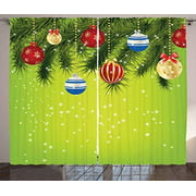Red Vow Christmas Kitchen Curtains, Hanging Ornaments Branches New Year Celebration Party Magical Xmas Environment, 2 Panel Set for Living Room Kitchen Cafe, 104" W by 96" L, Multicolor