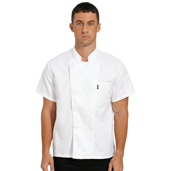 inhzoy Mens Short Sleeve Chef Jacket Lightweight Button Chef Coat Chef Shirt for Kitchen Restaurant White L