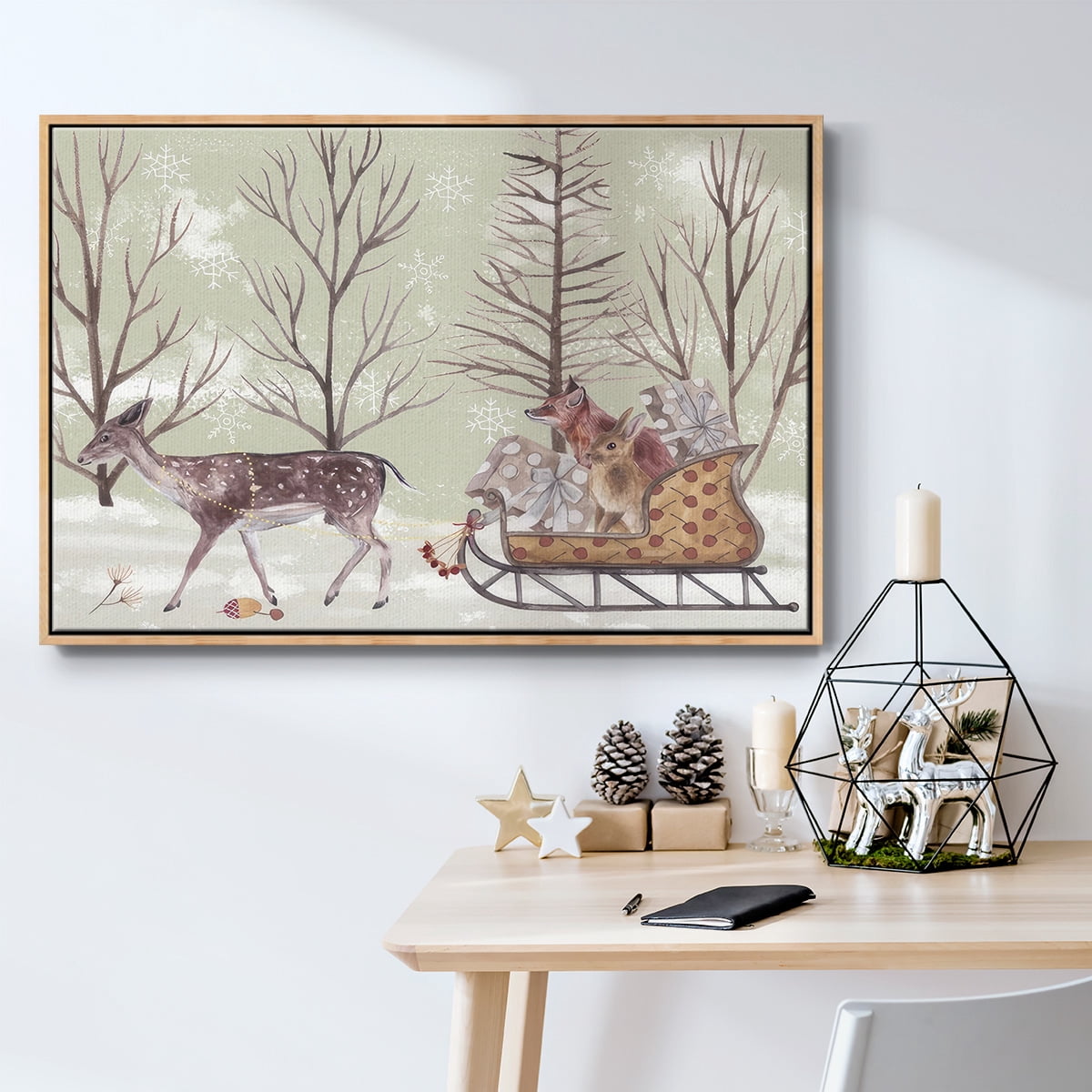 Christmas Time II - Framed Gallery Wrapped Holiday Canvas - 25 x 37 - Natural Wood Frame