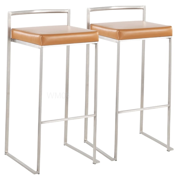 Set of 2 Modern Stackable Bar Stools with Padded Faux Leather Seat in Camel, Counter Height for Kitchen & Dining