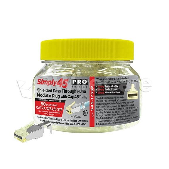 Simply45 ProSeries Shielded Cat6a Pass Through RJ45 Crimp Connectors, FPE, Yellow Tint, Hi/Lo Stagger, Cap45™ & Bar45™, Jar 50 pieces