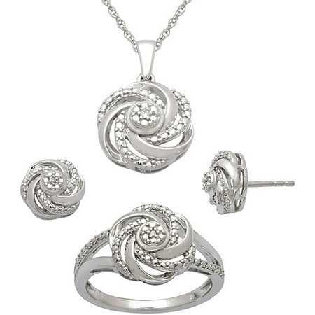 Diamond Accent Sterling Silver Cluster Center Love Knot Pendant, Earrings and Ring Set