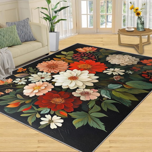 Boho Floral Area Rug, Spring Flower Washable Rug, Non Slip Low Pile Carpet for Living Room Bedroom Home Decor 2x3ft
