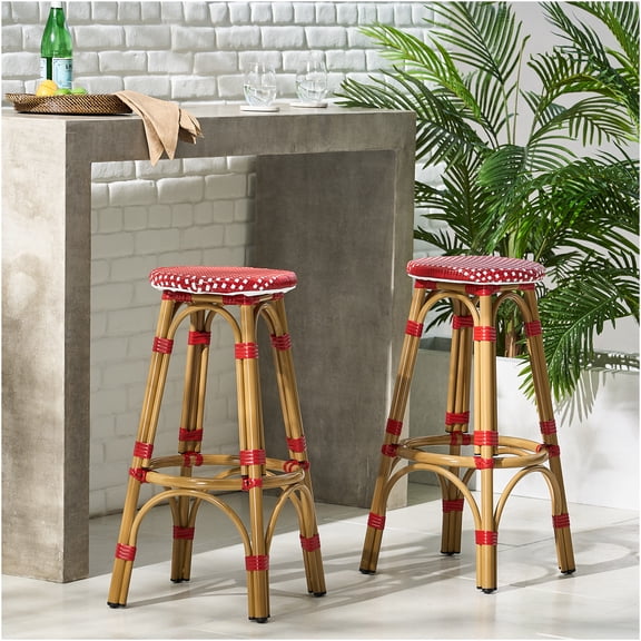 JERFIT 2-Pack Red Wicker Bar Stools for Outdoor, 29.5 Inch Backless Patio Bar Height Stools with Aluminum Frame, French Rattan Style Counter Stools for Garden, Bistro, Poolside