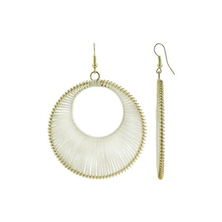 Circle With Ivory Thread And White Beads Dangle Earrings French Ear Wire Findings Circle With Ivory Thread And White Beads Dangle Earrings French Ear Wire Findings