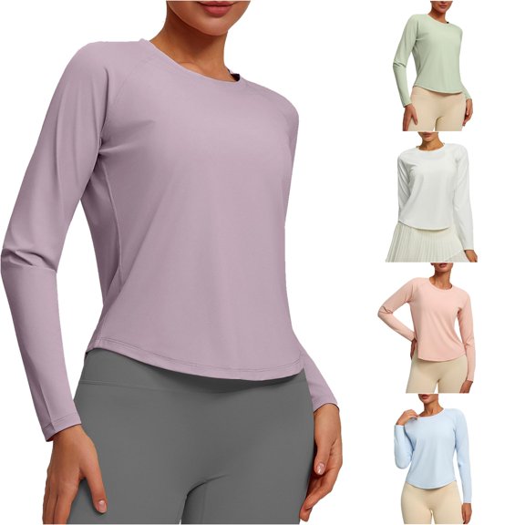 Trendfront Womens Workout T Shirts Crewneck Long Raglan Sleeve Solid Color Curved Hem Slim Fit Running Yoga Athletic Cool Weather Tee Tops