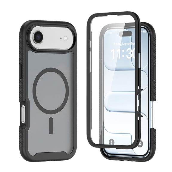 For iPhone Air Case, 360° Rugged Protective Shell with Screen Protector, Heavy Duty Shockproof Case Matte Translucent Compatible with Magsafe, Black