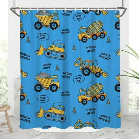 

Kids Boys Shower Curtain Truck Construction Car Excavator Cartoon Machinery Teen Tractor Bulldozer Crane Equipment Art Printed Cute Engineering Home Bathroom Decor Bathtub Set 60x72 Funny