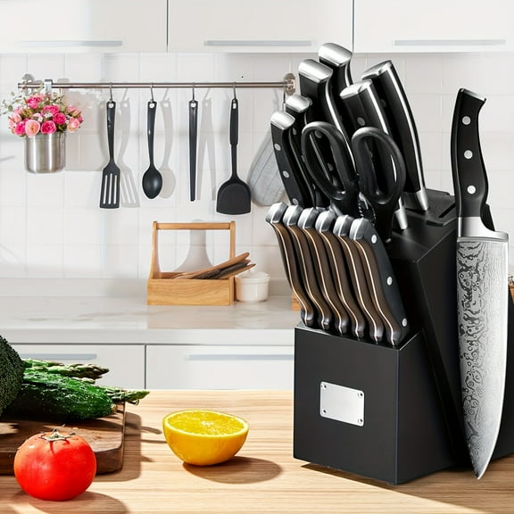 Knife Set, 14pcs German Stainless Steel Kitchen Knives Block Set with Built-in Sharpener, Black