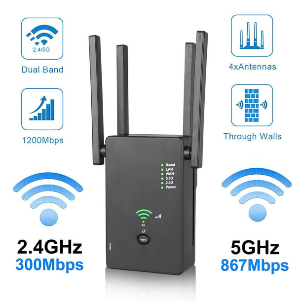 TSV 1200Mbps WiFi Range Wireless WiFi Repeater Booster Cover up to 3500 sq.ft, Internet Signal Amplifier with 4 Dual Antennas Cover 25 Devices for Smart Home Office -