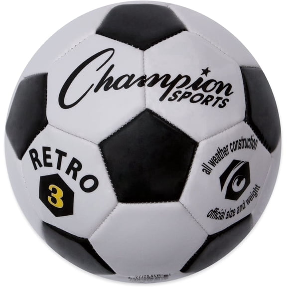 Champion Sports Retro Soccer Ball – Classic Black & White Design, Soft-Touch TPU Cover, All-Weather Ball for Club Play, Gym Class & Recreation, Multiple Sizes