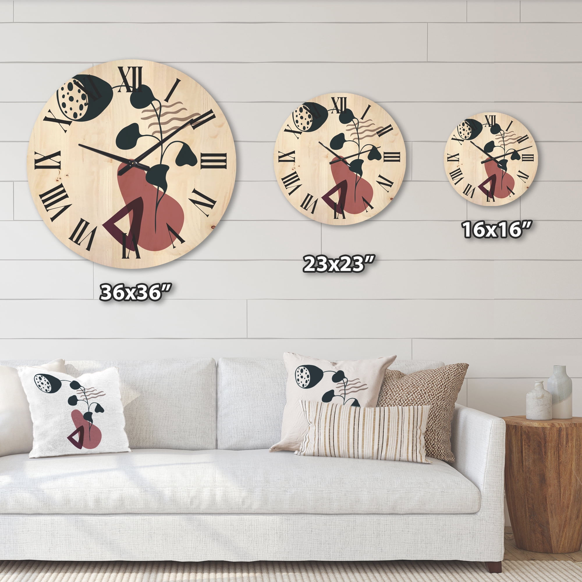 Designart 'Abstract Flowers Plants With Elementary Shapes V' Modern Wood Wall Clock