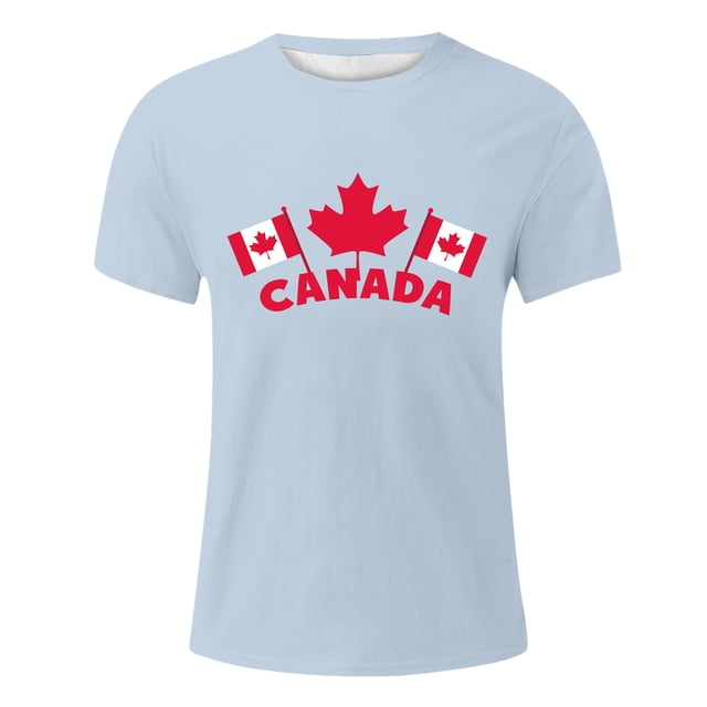 T Shirt Men Summer Short Sleeve Breathable Comfortable Maple Leaf Flag Pattern Mens Shirts Light Blue L