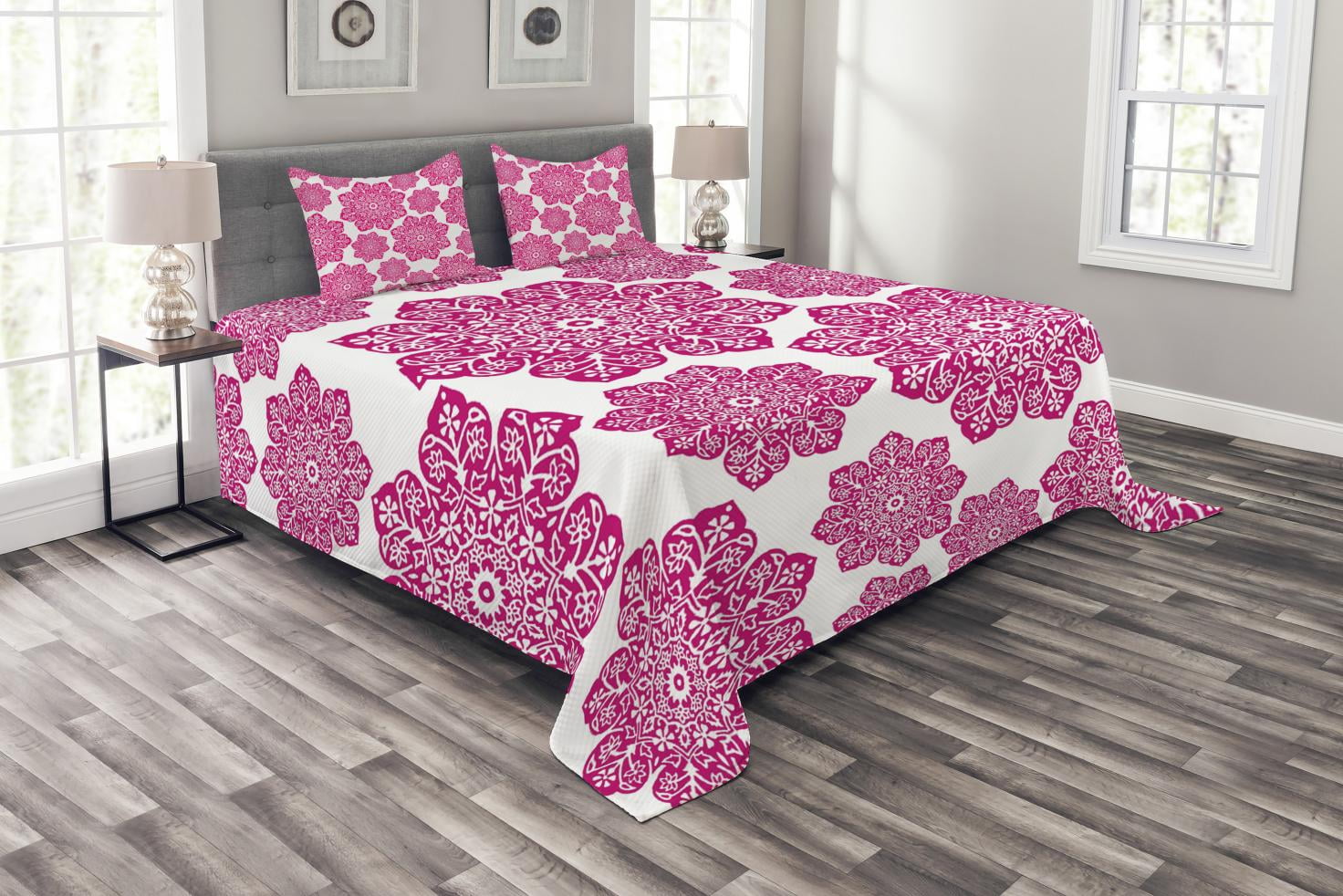Hot Pink Bedspread Set Queen Size, Ethnic Batik Floral Arrangement with