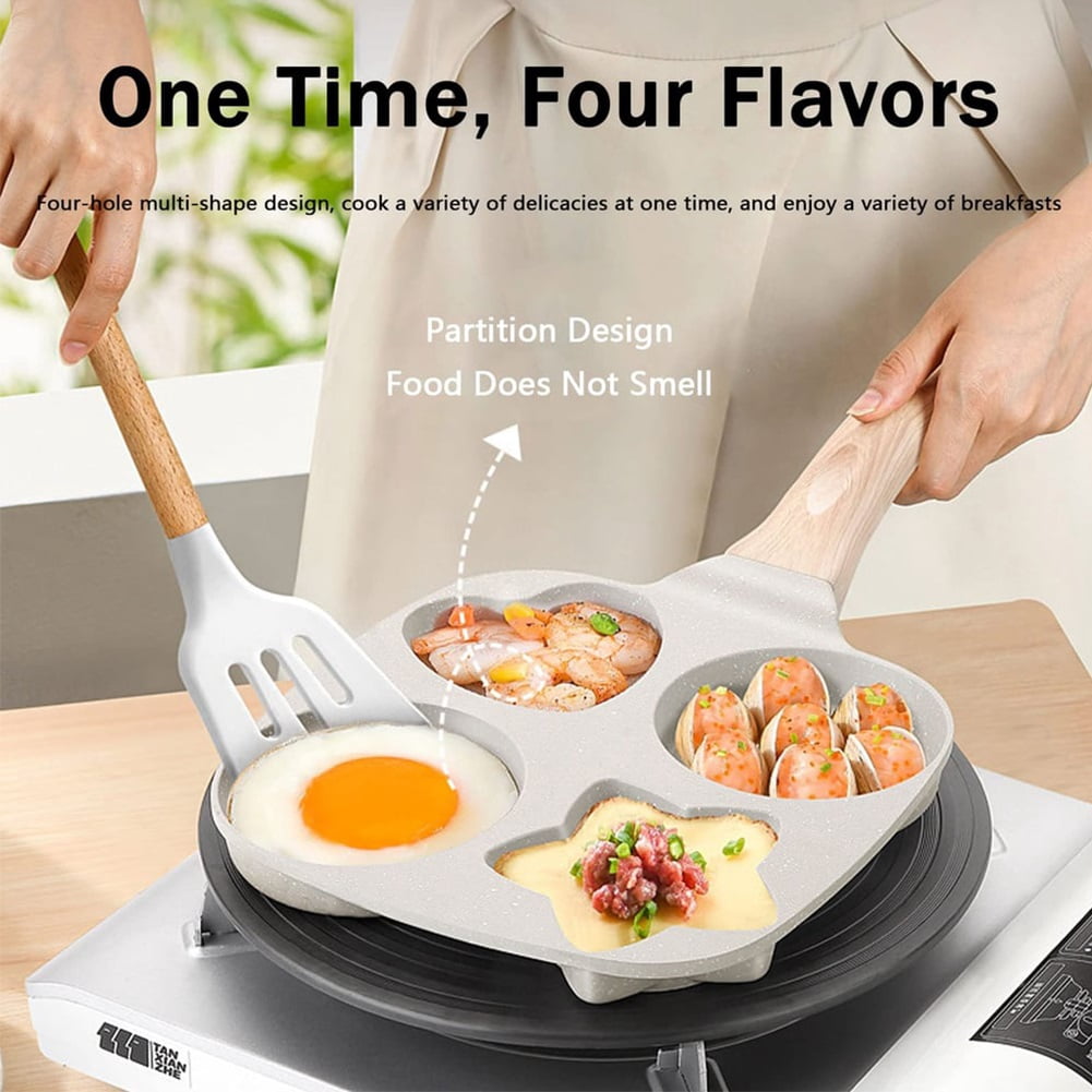 1 Set 4 Hole Skillet with Handle, Non Stick Egg Frying Pans 4 Holes Shapes, Nonstick Shape Pancake Pan, Breakfast Cooking Omelette Cookware for Pancakes Sausage Burger Omelet, Easy to Clean