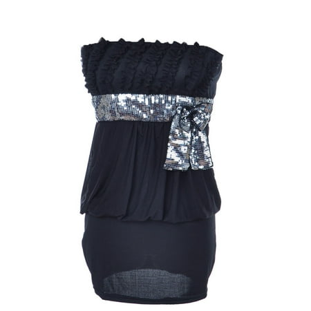 S/M Fit Black Sexy Slim Tube Party Dress w Silver Sequin Bow Detail