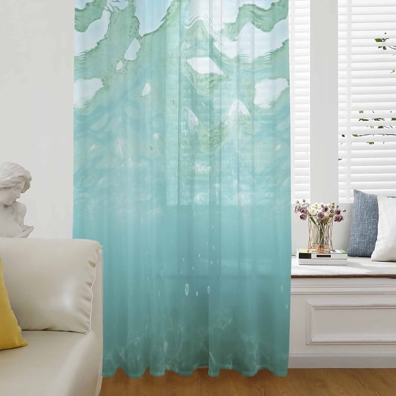 Teal Coastal Semi Sheer Curtains Drapes for Living Room, Bedroom, French Doors Window 63 Inches Long, Summer Beach Ocean Seawater Nautical Rod Pocket Chiffon Curtain Drapery Voile Draperies Panel