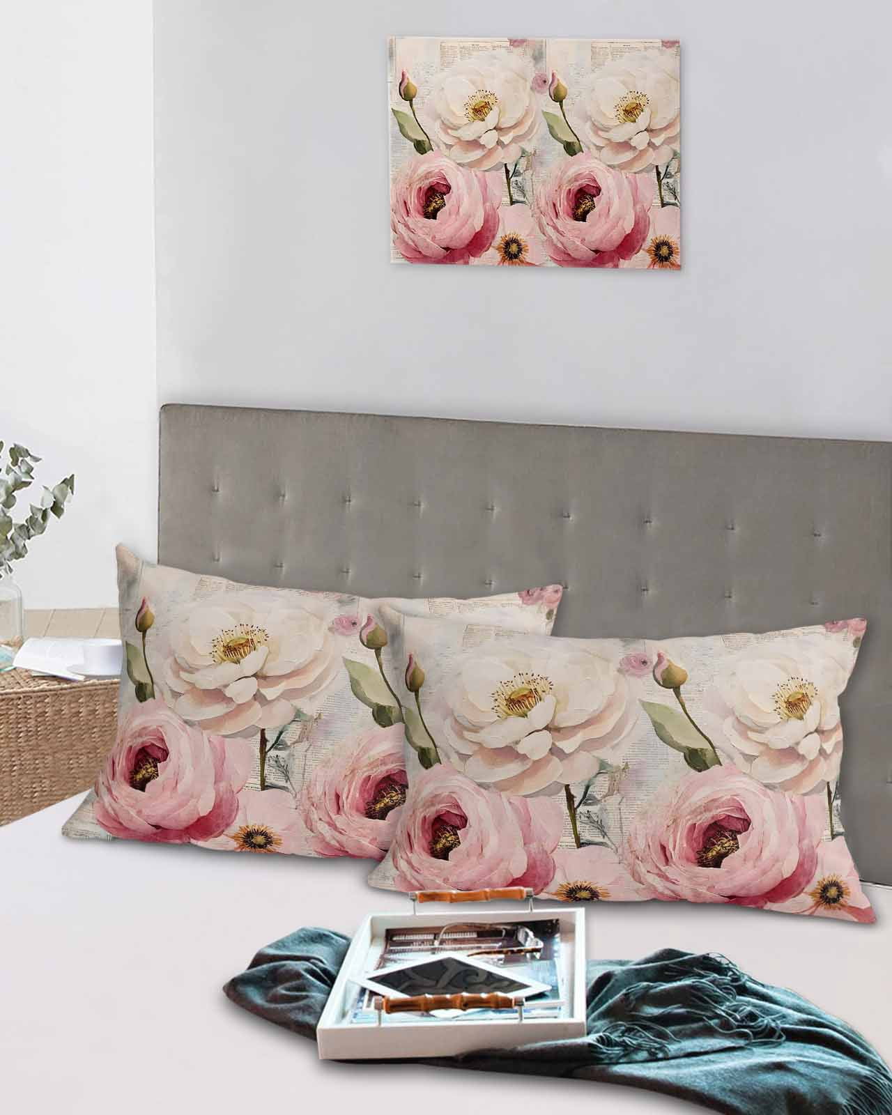 Pink White Spring Floral Pillow Covers Queen Size 2 Pack, Vintage Flowers Watercolor Soft Bed Throw Pillowcases Breathable Cooling Long Lumbar Body Pillow Sham Cover for Bed Sofa 20''x30''