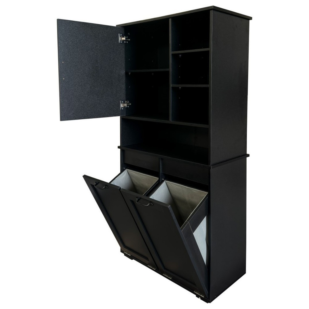 Laundry Cabinet with 2 Tilt-Out Hampers, 4-Tier Open Shelves, Adjustable Shelves and Doors, Freestanding Storage Organizer, Black