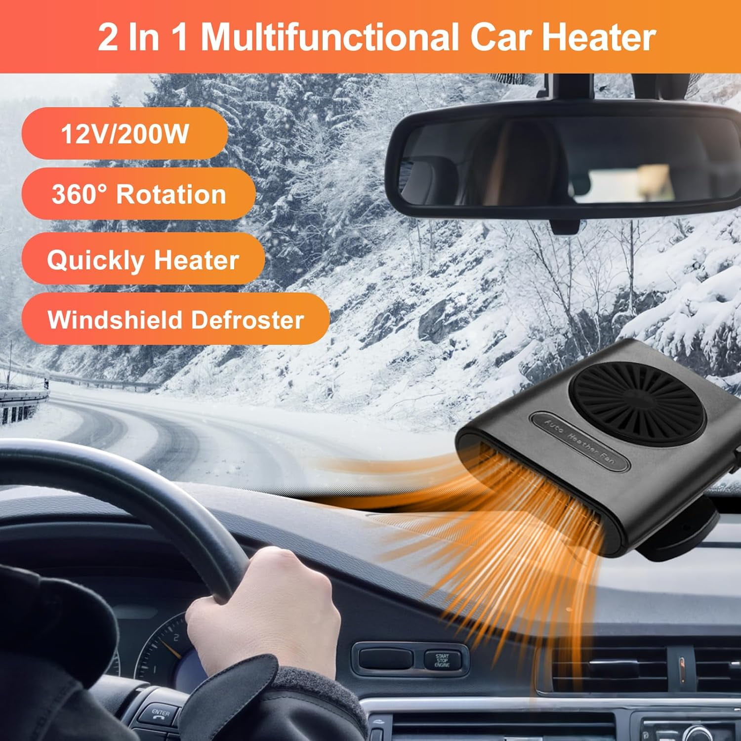 Car Heater Portable 12V 200W Car Heaters for Vehicle,2-in-1 Heating & Cooling Fan,Plug in Car Heater for Cigarette Lighter,360° Rotatable Defogger for Car Windshield for Car,RV,SUV
