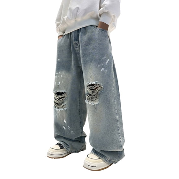 OSOLU Boys Jeans Straight Leg Casual Long Distressed Denim Pants Solid Color with Pocket Daily Wear Holiday Vibrant Trousers