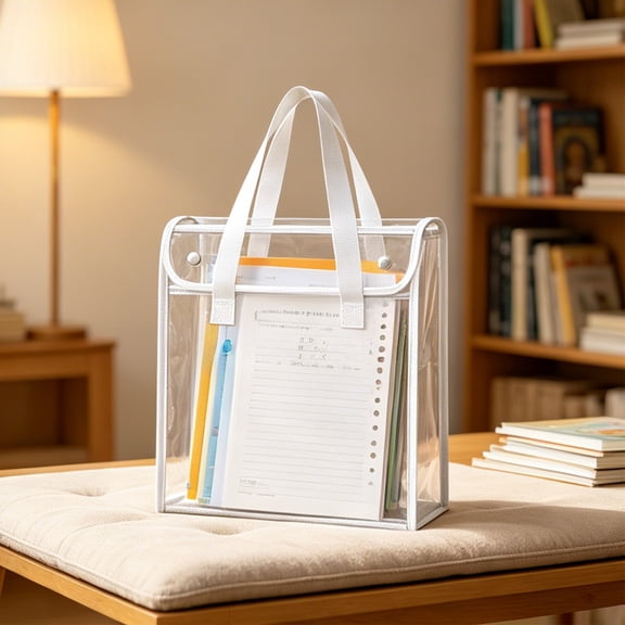 Clear PVC Student Exam Tote Bag, Double Snap Flap & Waterproof Transparent Material, Wide Woven Hand Strap, See Through Storage Pouch For School Textbooks And Stationery