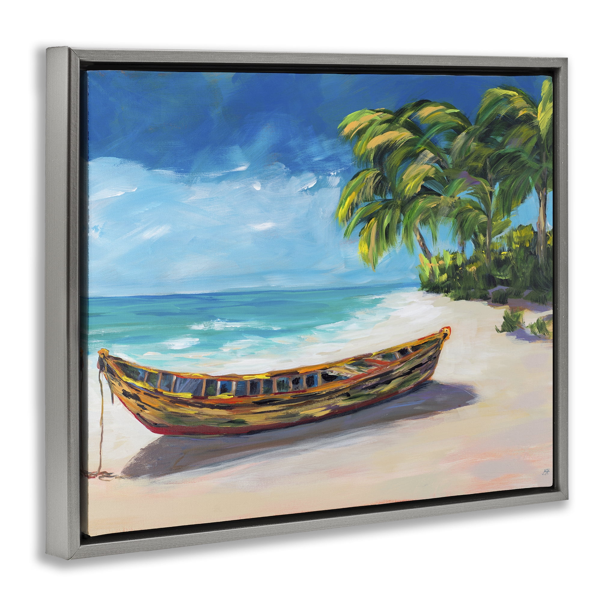 Stupell Industries Boat on Lost Island Gray Framed Floater Canvas Wall Art, design by Julie DeRice