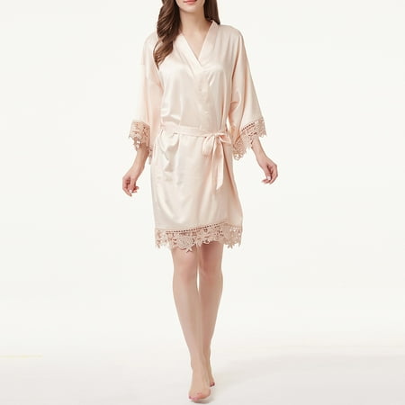 

NEGJ Women s Soild Satin Lace Sleepwear Pajamas Bathrobe Nightgown For Bride Bridesmaids Wedding Party