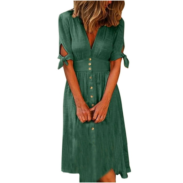 CEHVOM Robe à Boutons pour Femmes à Col en V, Couleur Unie, Manches Courtes, Long Cardigan, Liquidation