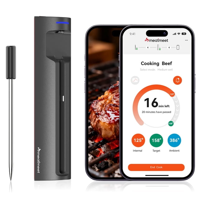 Meatmeet Pro WiFi Wireless Meat Thermometer, Smart App Monitoring, Unlimited Range, Ultra-thin Probe, IP67 Waterproof, Bluetooth Digital Meat Thermom