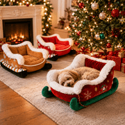 Christmas Dog Bed Sleigh with Non Slip Base, Sleigh Shaped Plush Pet Bed with Soft Cushion, Cozy Christmas Cat Dog Resting Bed for Indoor Small Pets Holiday Home Decoration, Red Small