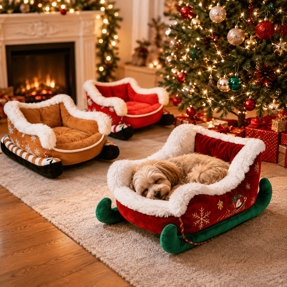 Christmas Dog Bed Sleigh with Non Slip Base, Sleigh Shaped Plush Pet Bed with Soft Cushion, Cozy Christmas Cat Dog Resting Bed for Indoor Small Pets Holiday Home Decoration, Red Small
