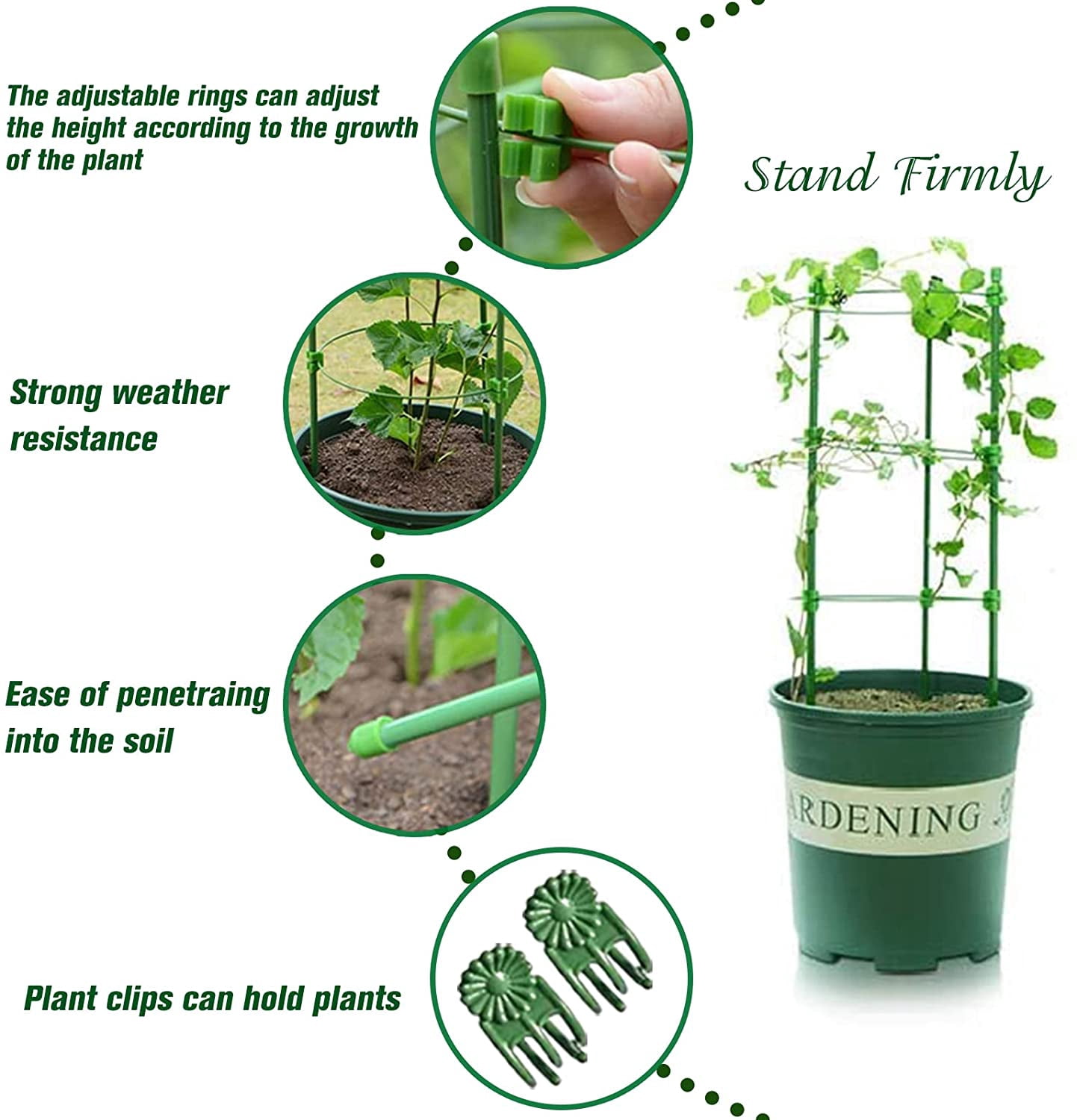 3 Packs Plant Support Cages Tomato Cage for Garden- 36 Inch Adjustable Garden Cucumber Trellis Plant Stakes, Trellis Support Rings for Climbing Plants, Pots, Indoor Plants with 10 Plant Clips