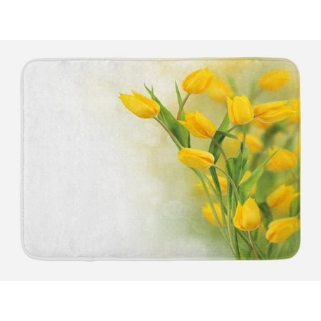 Famous Flower - Yellow Flower Bath Mat, Romantic Tulip Bouquet Famous Plant of Netherlands Botanical Theme, Non-Slip Plush Mat Bathroom Kitchen Laundry Room Decor, 29.5 X 17.5 Inches, Mustard Fern Green, Ambesonne