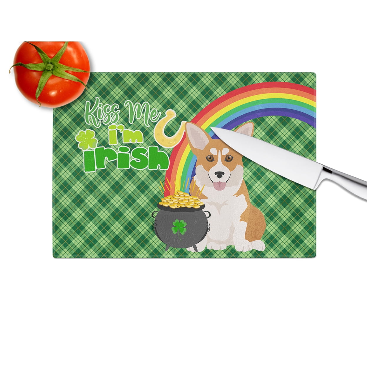 Red Pembroke Corgi St. Patrick's Day Glass Cutting Board Large 12 in x 15 in