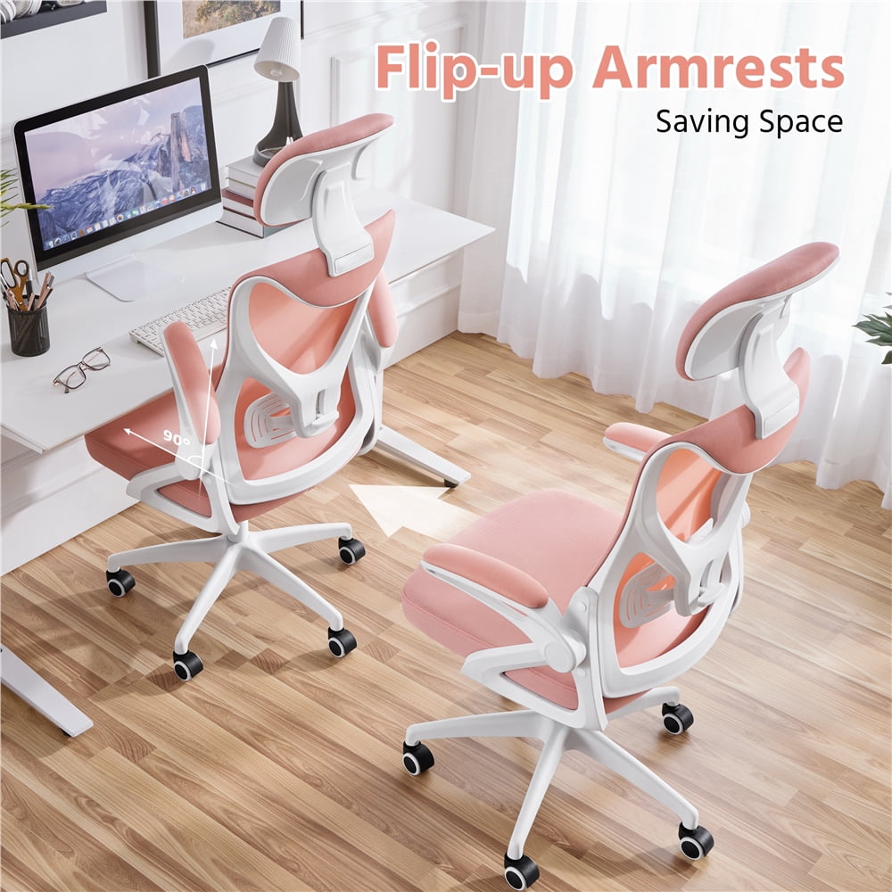 Yaheetech Mesh Office Chair with Adjustable Padded Headrest, White/Pink