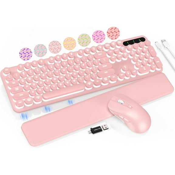 Wireless Keyboard and Mouse- Typewriter Keyboard with Retro Round Keycaps, Detachable Wrist Rest, Light Up Letters, 2.4G Rechargeable Combo (Pink)