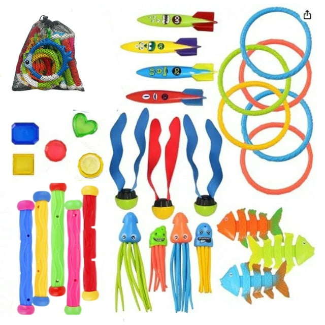 22-Piece ABS Dive Toy Set with 4 Rings, 4 Torpedoes, 3 Water Plants, 3 Long Rods & 8 Diamonds – Colorful Swimming Training Tools for Kids, Sinkable Pool Toys for Beach/Party, Includes Self-Sealing
