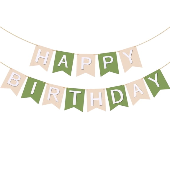 ALFEUND Green Beige Happy Birthday Banner – Rustic Party Decor for Kids & Adults, 16x20cm, 2 Strands, Reusable