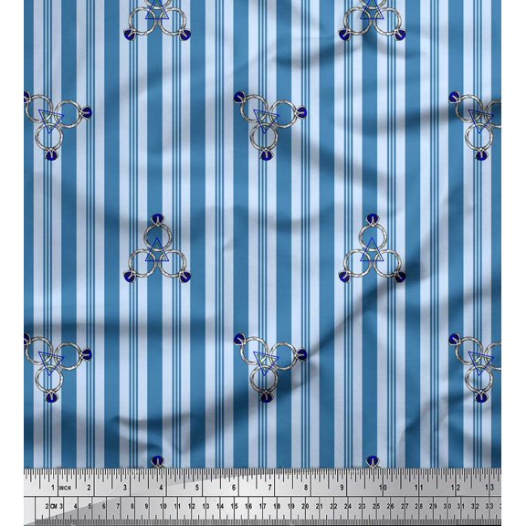 Soimoi Blue polyester Crepe Fabric Ring & Stripe Printed Fabric 1 Yard 42 Inch Wide