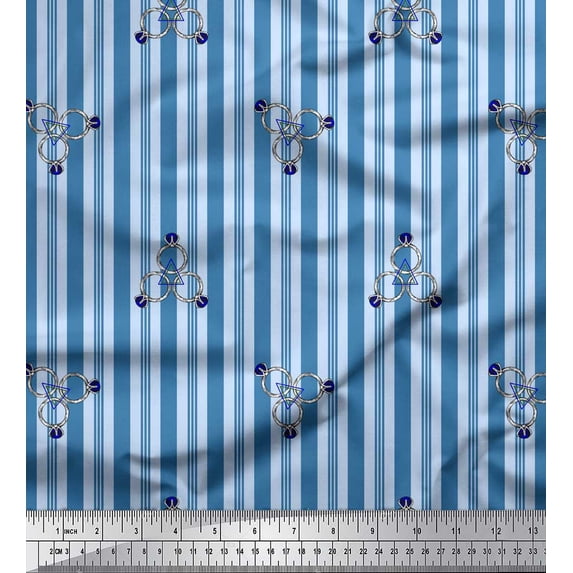 Soimoi Blue Poly Georgette Fabric Ring & Stripe Printed Fabric 1 Yard 52 Inch Wide