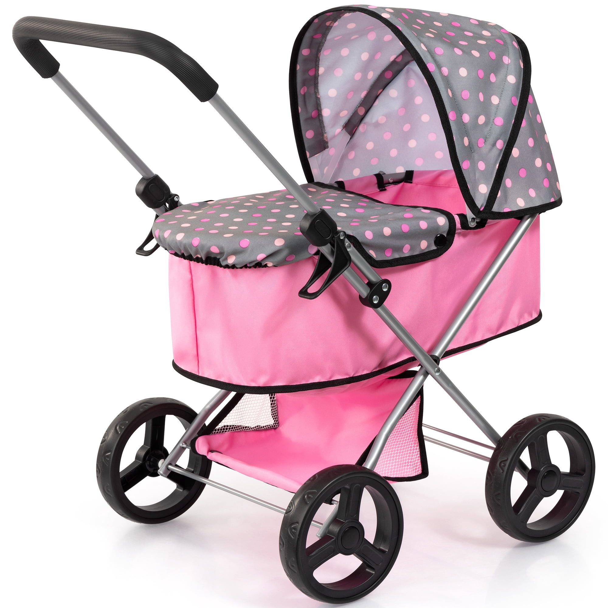 Bayer Design: Doll Pram Go - Pink-Grey-Polka Dot - Carrycot Cover, Shopping Basket, Foldable Toy, Play Stroller Accessory For Dolls Up To 18", Kids 3+